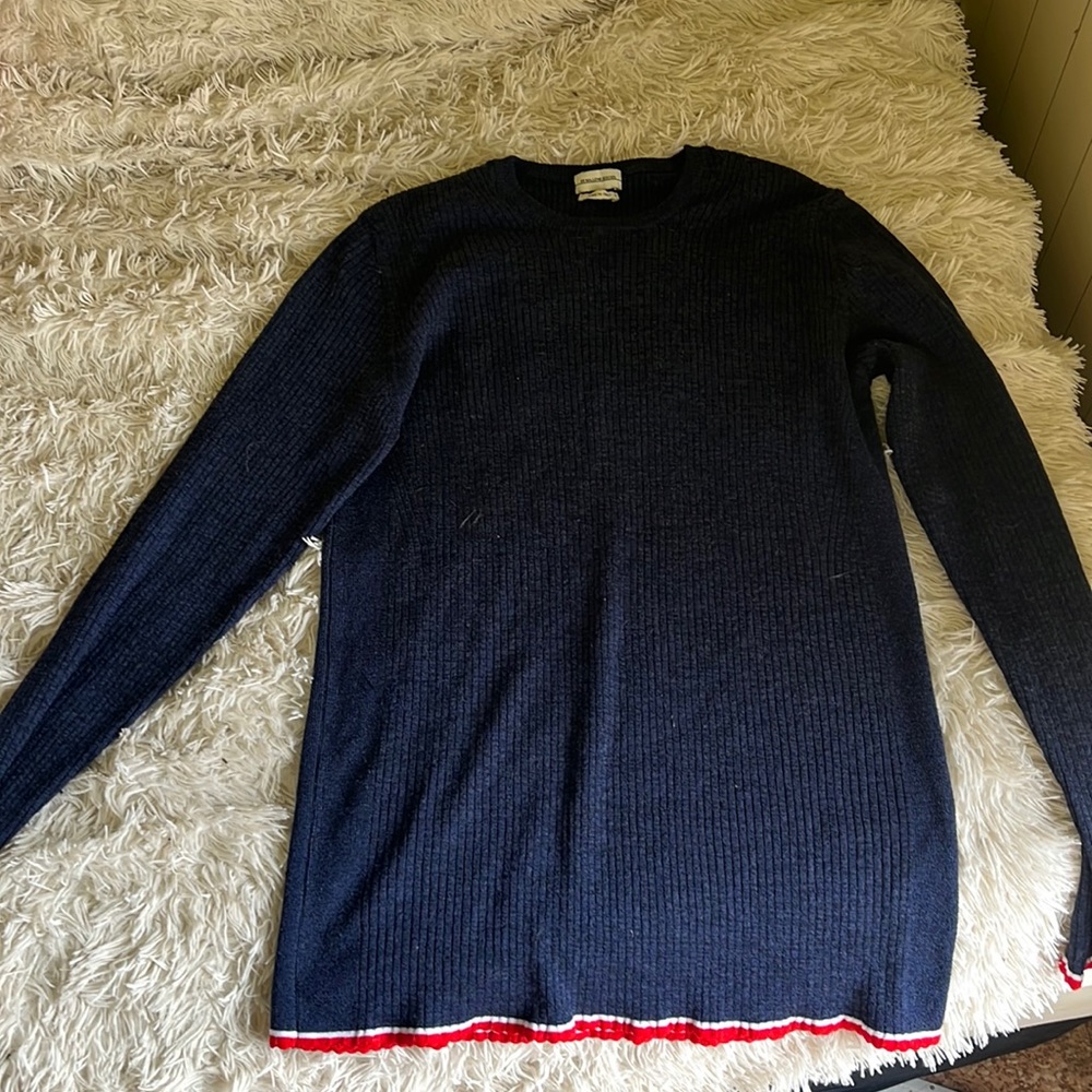 Malene Birger Made in Italy Vintage Navy Blue Sweater with Red and White Trim